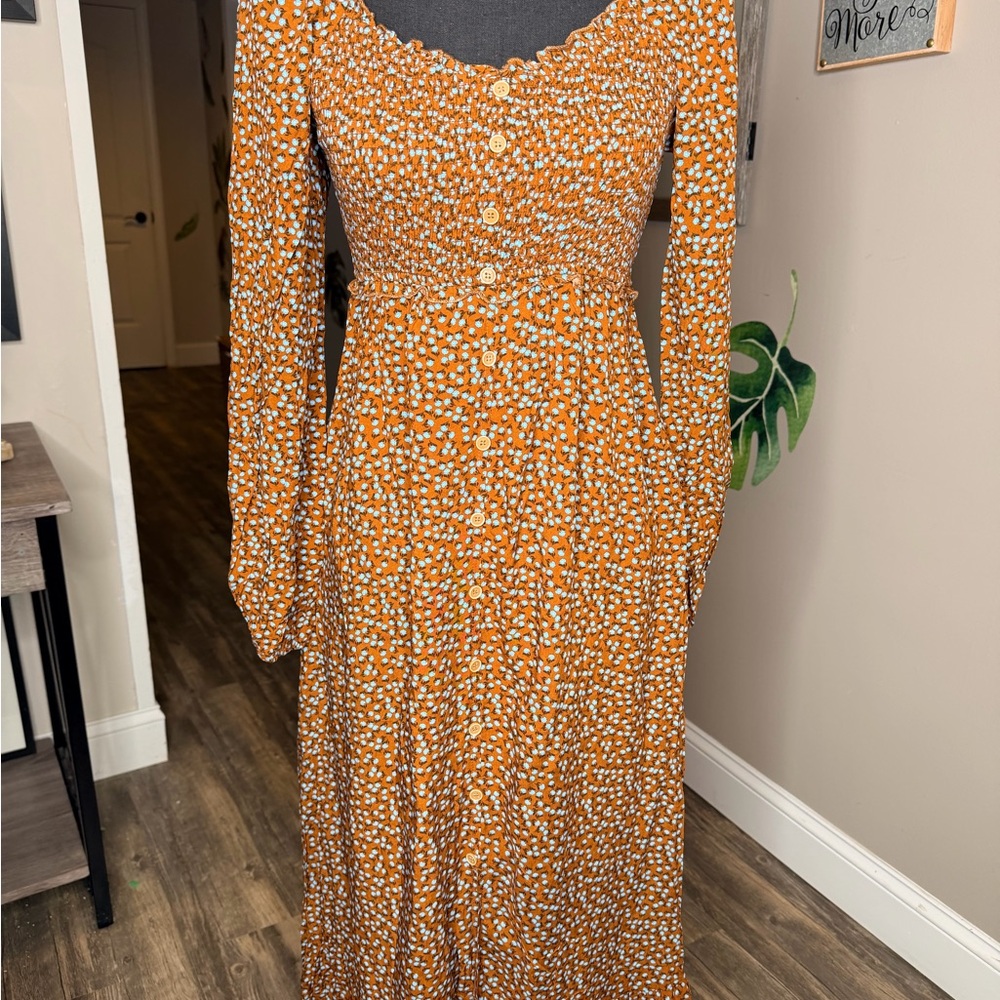 Orange Floral Long Sleeve Dress